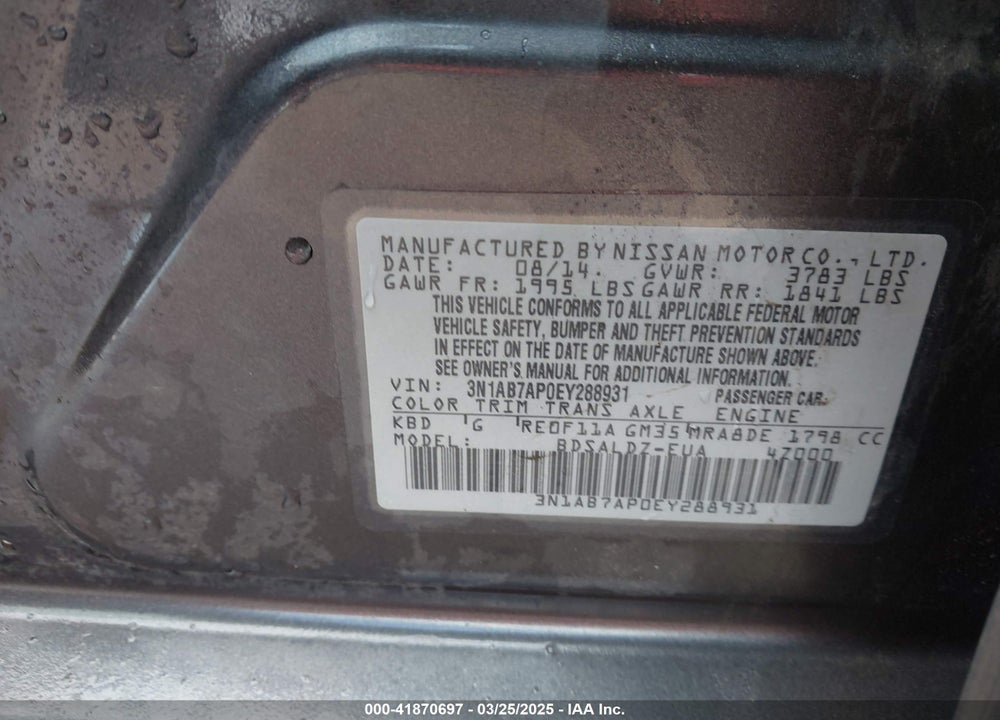 2014 NISSAN SENTRA SV VIN: 3N1AB7AP0EY288931