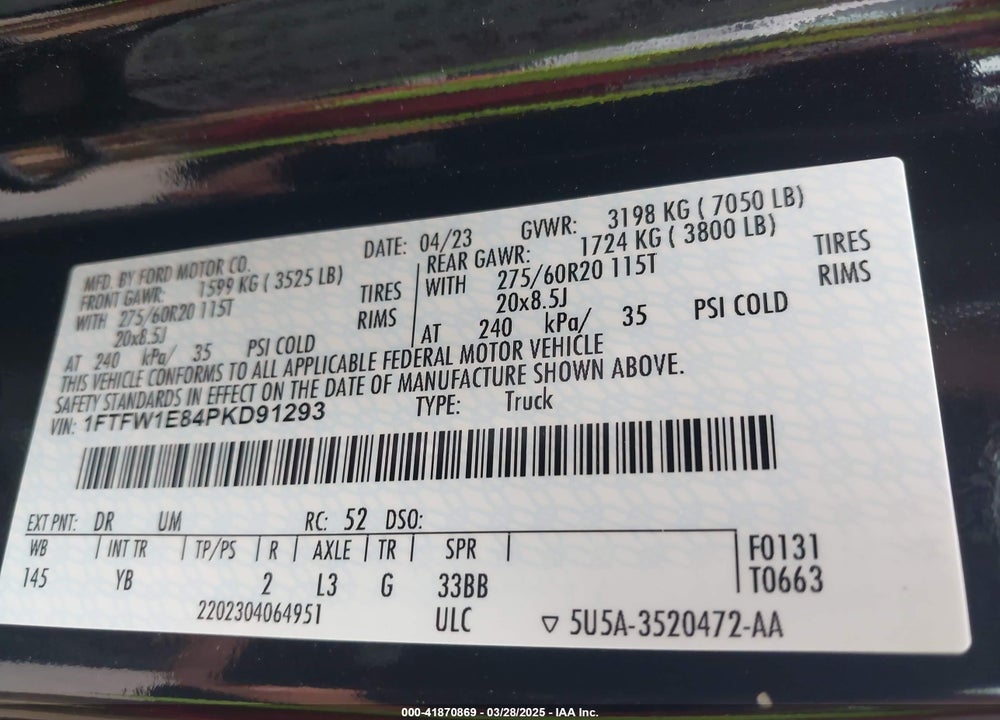 2023 FORD F-150 VIN: 1FTFW1E84PKD91293
