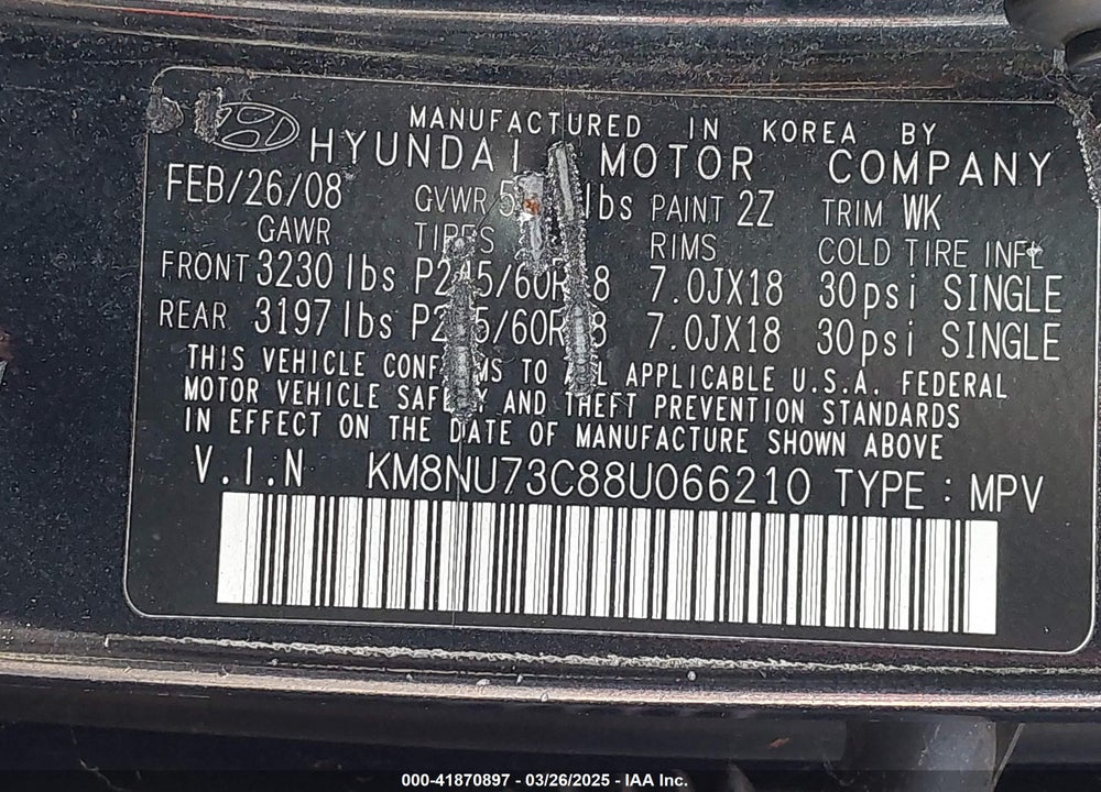 2008 HYUNDAI VERACRUZ VIN: KM8NU73C88U066210