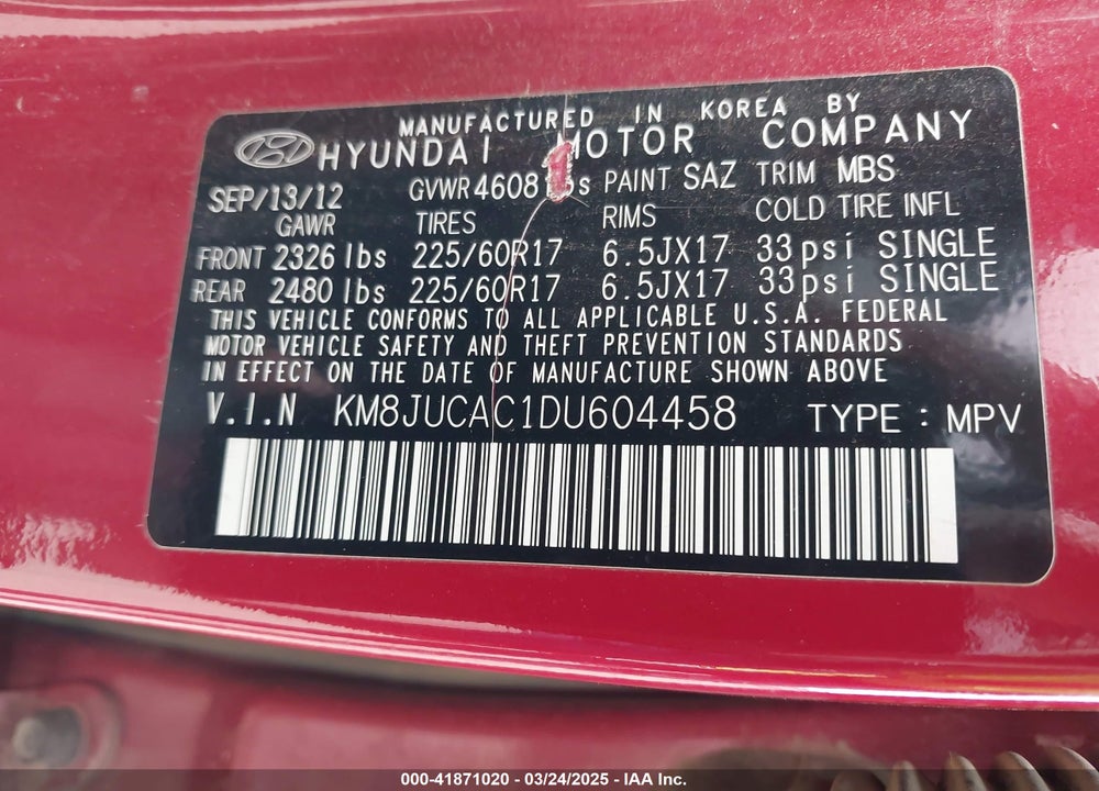 2013 HYUNDAI TUCSON VIN: KM8JUCAC1DU604458
