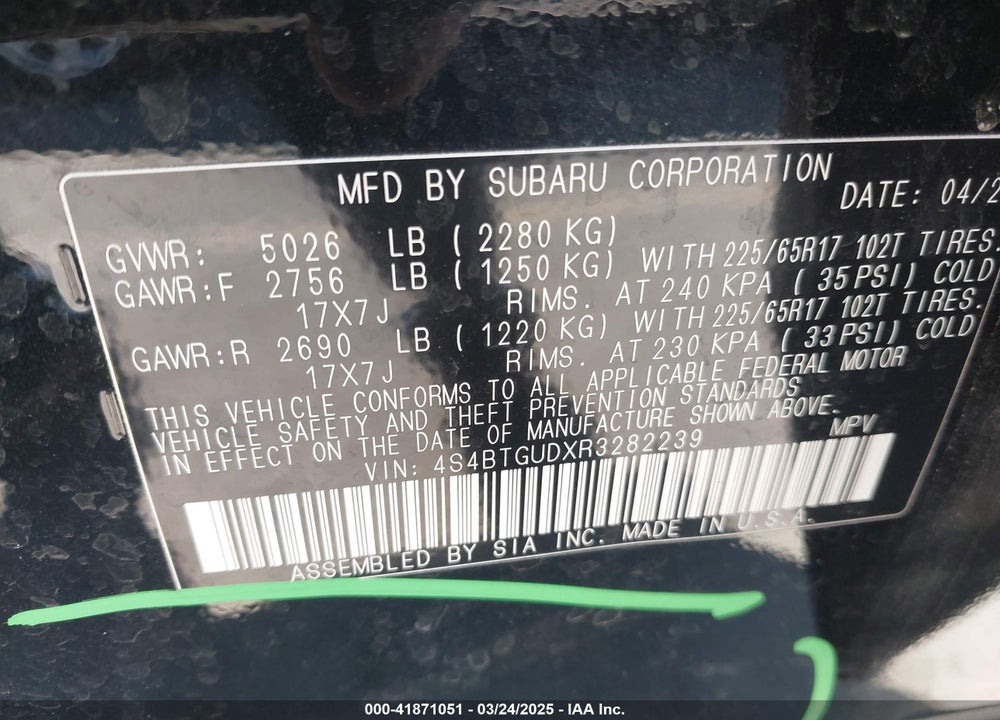 2024 SUBARU OUTBACK VIN: 4S4BTGUDXR3282239