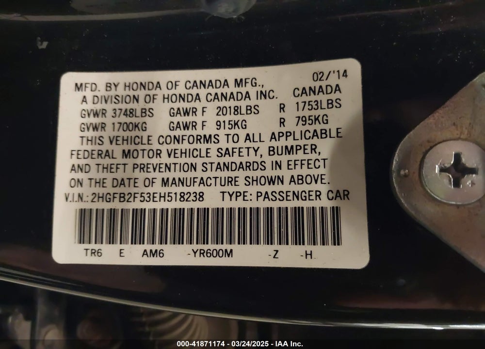 2014 HONDA CIVIC LX VIN: 2HGFB2F53EH518238