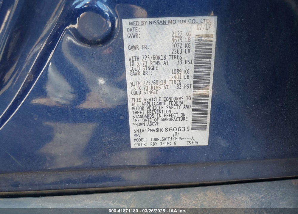 2017 NISSAN ROGUE VIN: 5N1AT2MV8HC860635