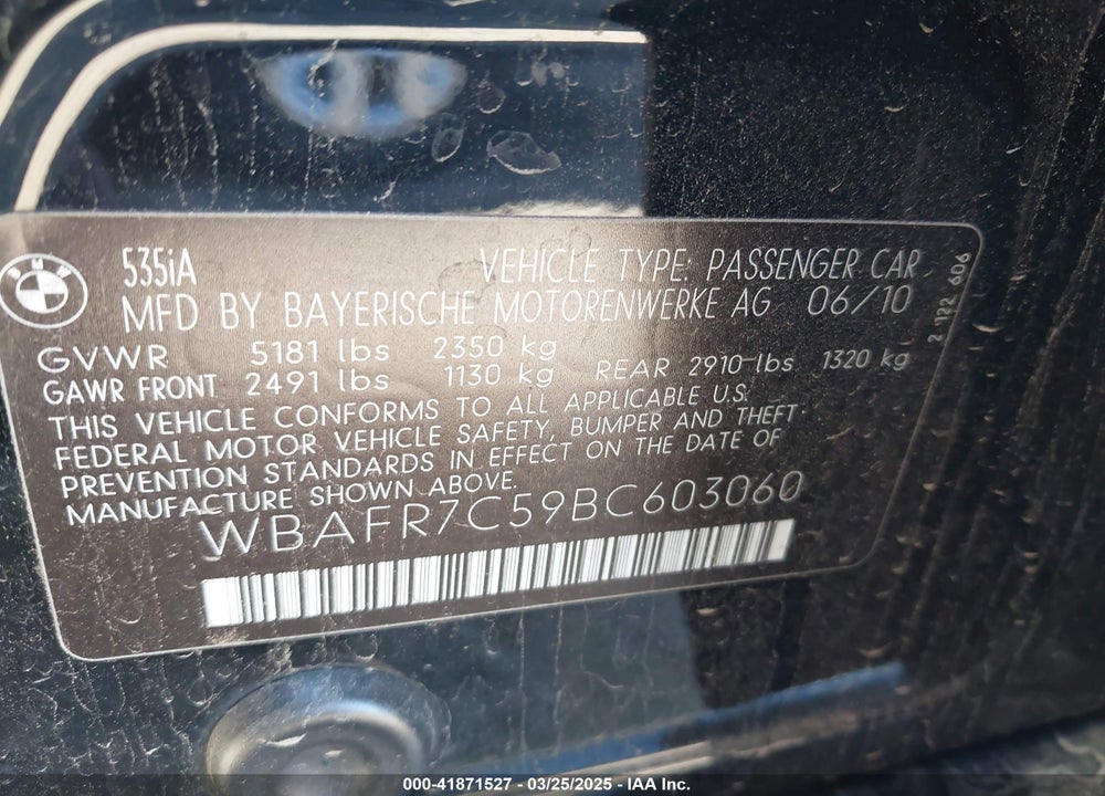 2011 BMW 535I VIN: WBAFR7C59BC603060