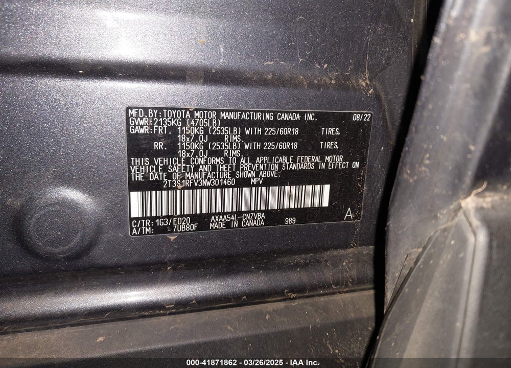 2022 TOYOTA RAV4 TRD OFF ROAD VIN: 2T3S1RFV3NW301460