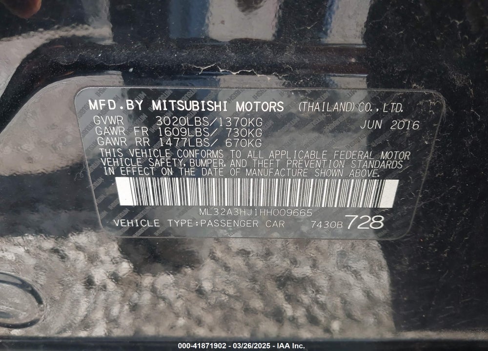 2017 MITSUBISHI MIRAGE VIN: ML32A3HJ1HH009665