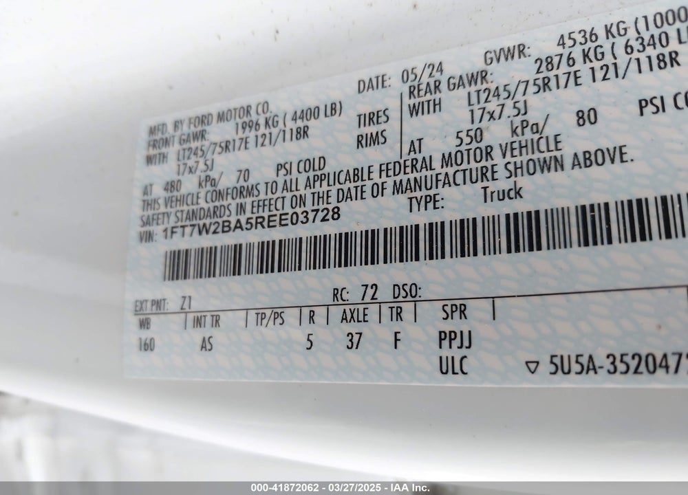 2024 FORD F-250 XL VIN: 1FT7W2BA5REE03728