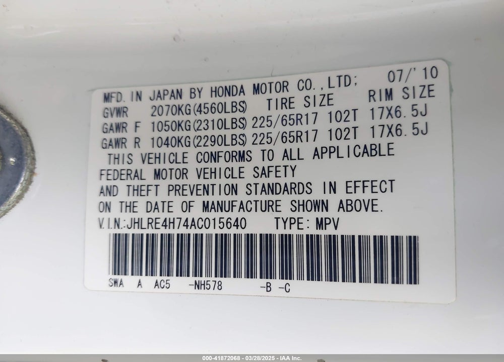 2010 HONDA CR-V VIN: JHLRE4H74AC015640