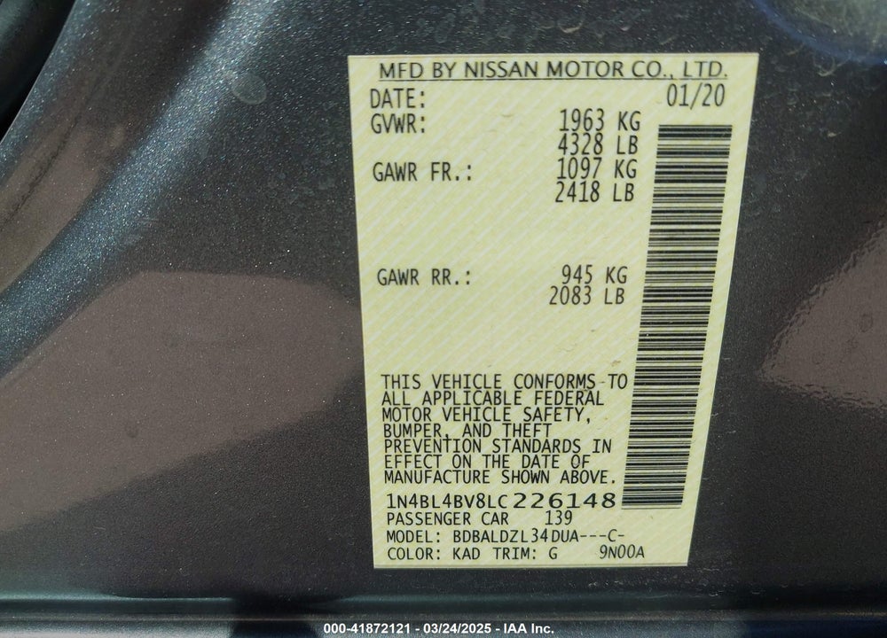 2020 NISSAN ALTIMA VIN: 1N4BL4BV8LC226148