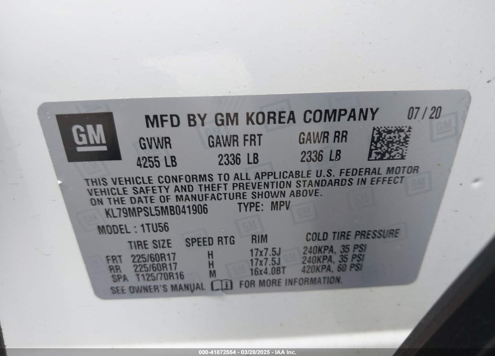 2021 CHEVROLET TRAILBLAZER VIN: KL79MPSL5MB041906