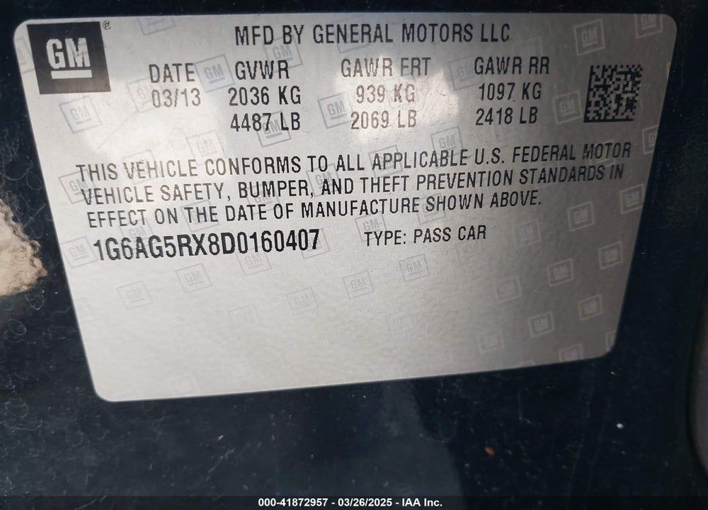 2013 CADILLAC ATS VIN: 1G6AG5RX8D0160407