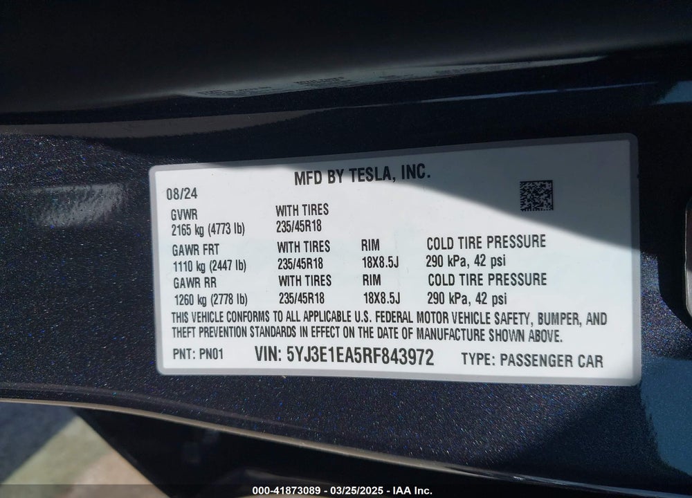 2024 TESLA MODEL 3 VIN: 5YJ3E1EA5RF843972