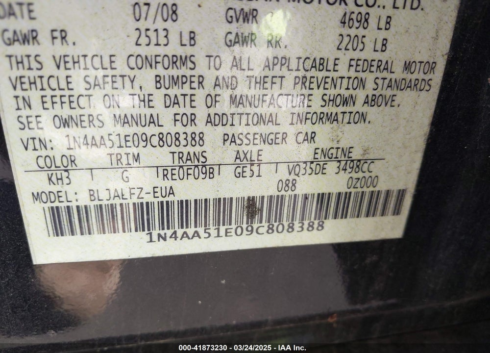 2009 NISSAN MAXIMA VIN: 1N4AA51E09C808388