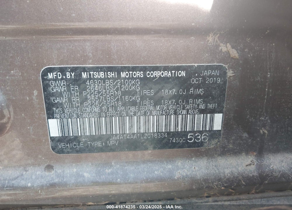 2020 MITSUBISHI ECLIPSE CROSS LE 1.5T AWC VIN: JA4AT4AA1LZ018334
