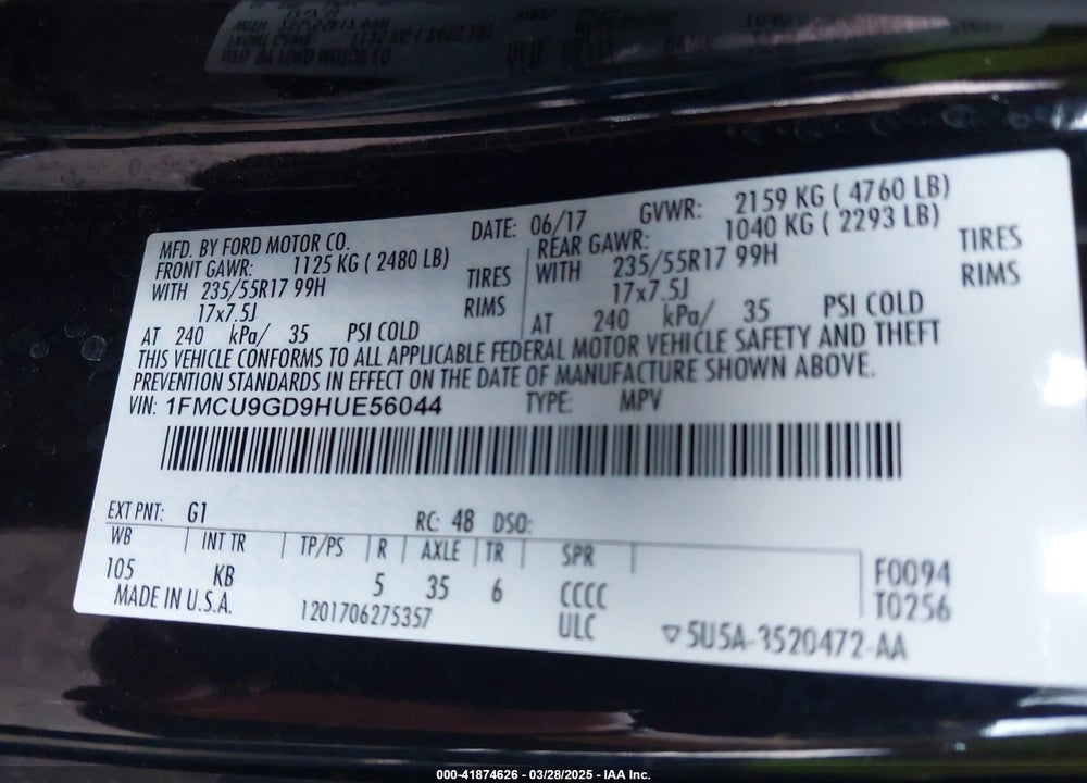 2017 FORD ESCAPE SE VIN: 1FMCU9GD9HUE56044