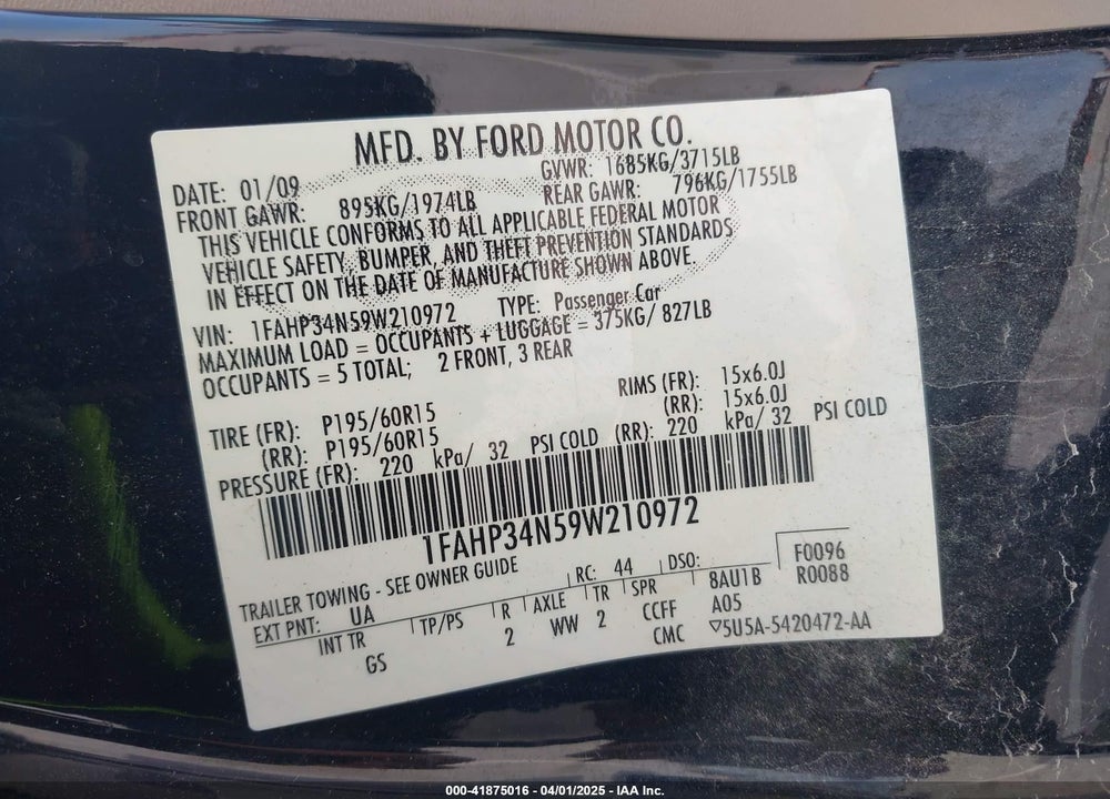 2009 FORD FOCUS VIN: 1FAHP34N59W210972