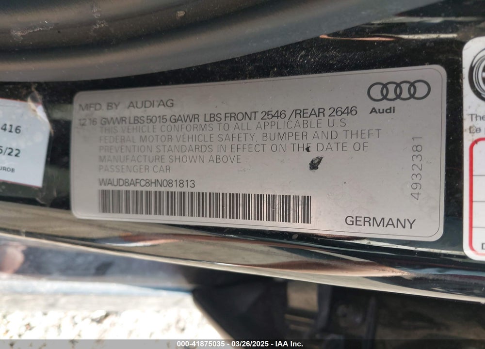 2017 AUDI A6 VIN: WAUD8AFC8HN081813