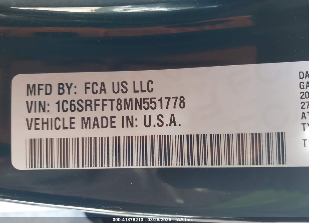 2021 RAM 1500 BIG HORN 4X4 5'7 BOX VIN: 1C6SRFFT8MN551778