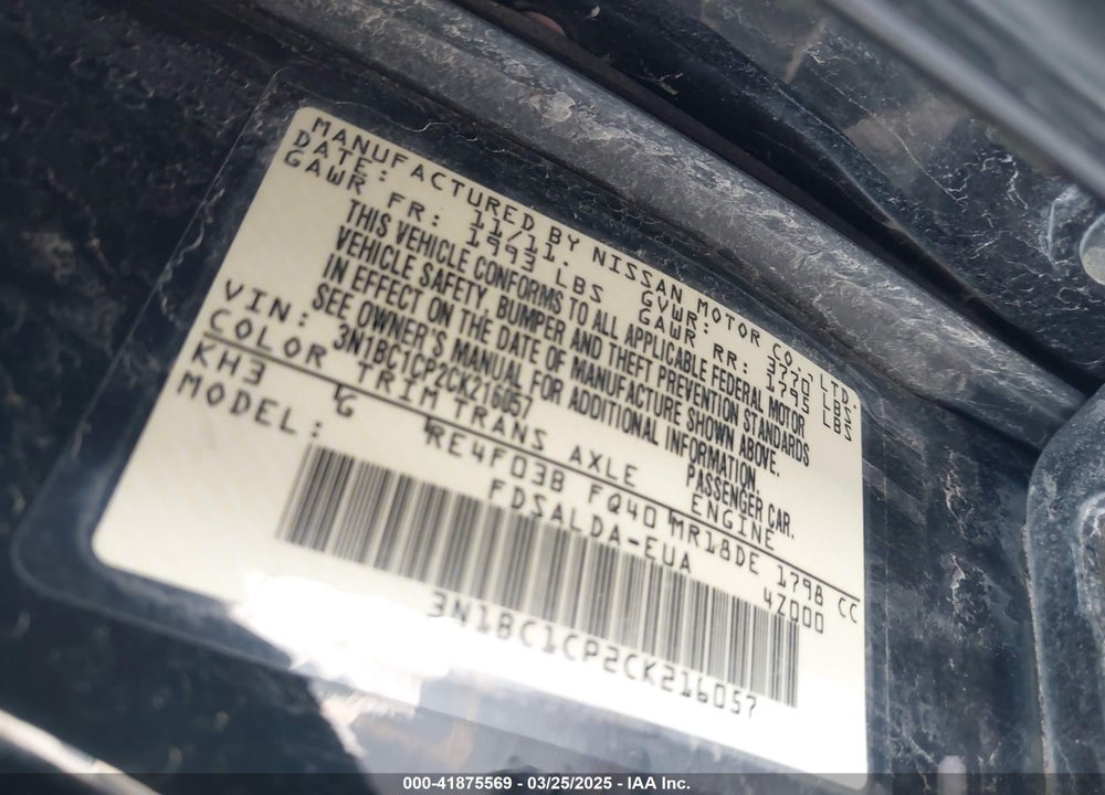 2012 NISSAN VERSA VIN: 3N1BC1CP2CK216057