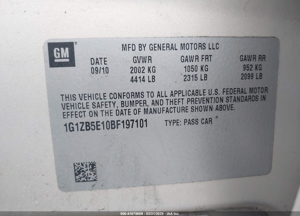 2011 CHEVROLET MALIBU VIN: 1G1ZB5E10BF197101