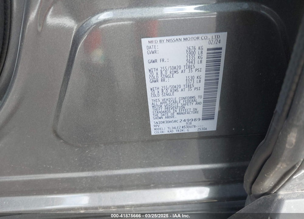 2024 NISSAN PATHFINDER PLATINUM FWD VIN: 5N1DR3DH5RC249989