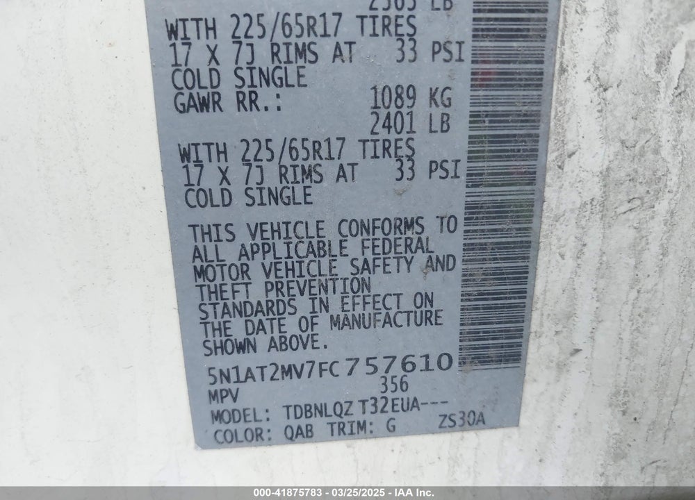 2015 NISSAN ROGUE VIN: 5N1AT2MV7FC757610