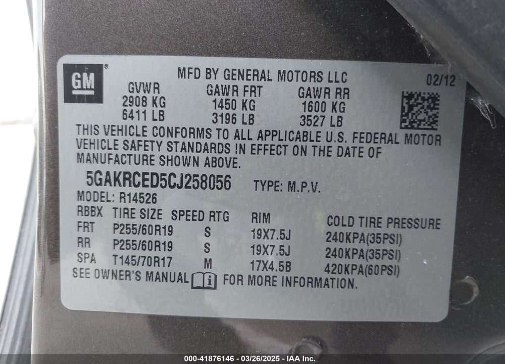 2012 BUICK ENCLAVE VIN: 5GAKRCED5CJ258056