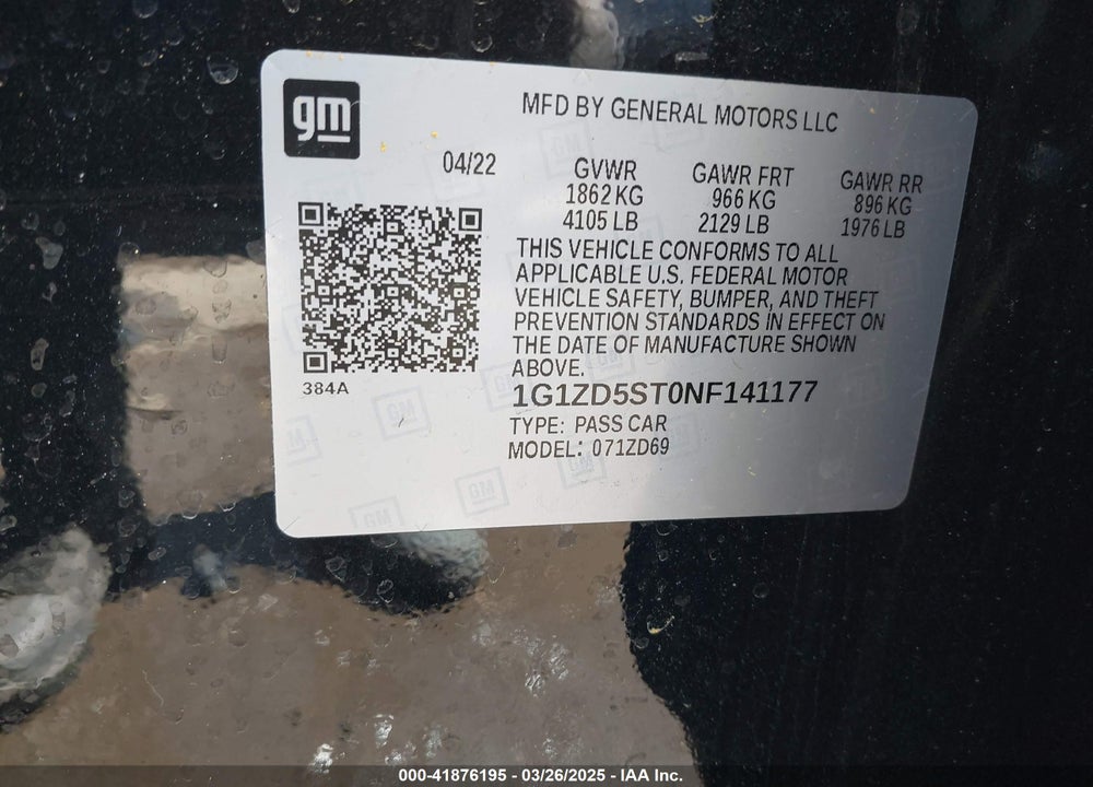 2022 CHEVROLET MALIBU VIN: 1G1ZD5ST0NF141177
