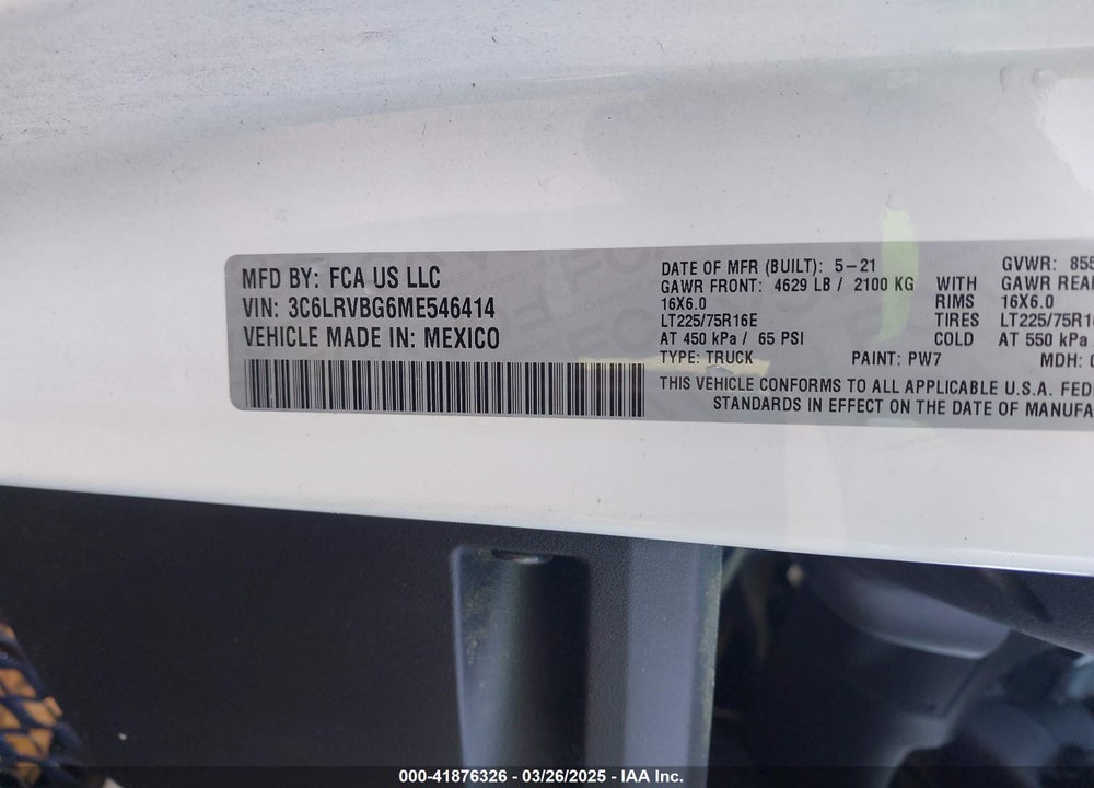 2021 RAM PROMASTER 1500 HIGH ROOF 136 WB VIN: 3C6LRVBG6ME546414
