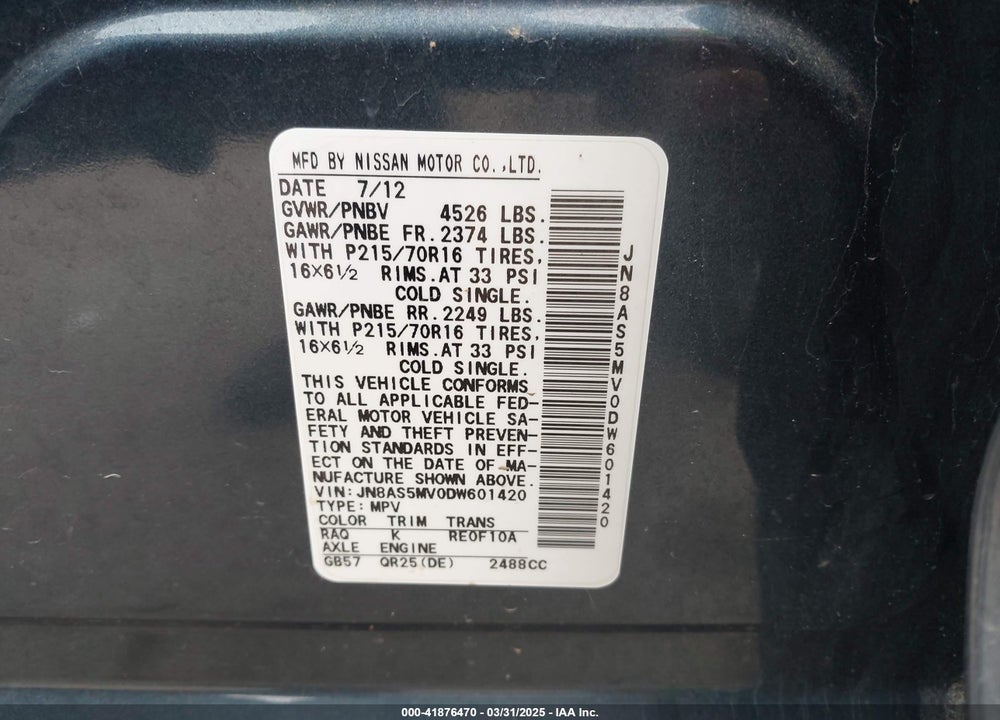 2013 NISSAN ROGUE S VIN: JN8AS5MV0DW601420