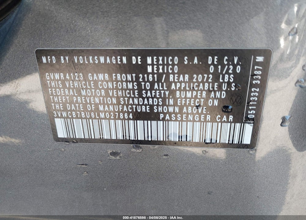 2020 VOLKSWAGEN JETTA VIN: 3VWCB7BU6LM027864