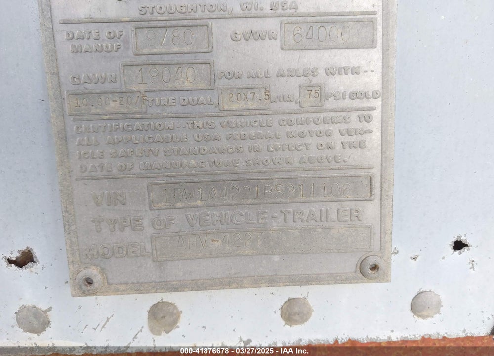 1981 STOUGHTON TRAILERS INC TRAILER VIN: 1DW1A4221BS311106