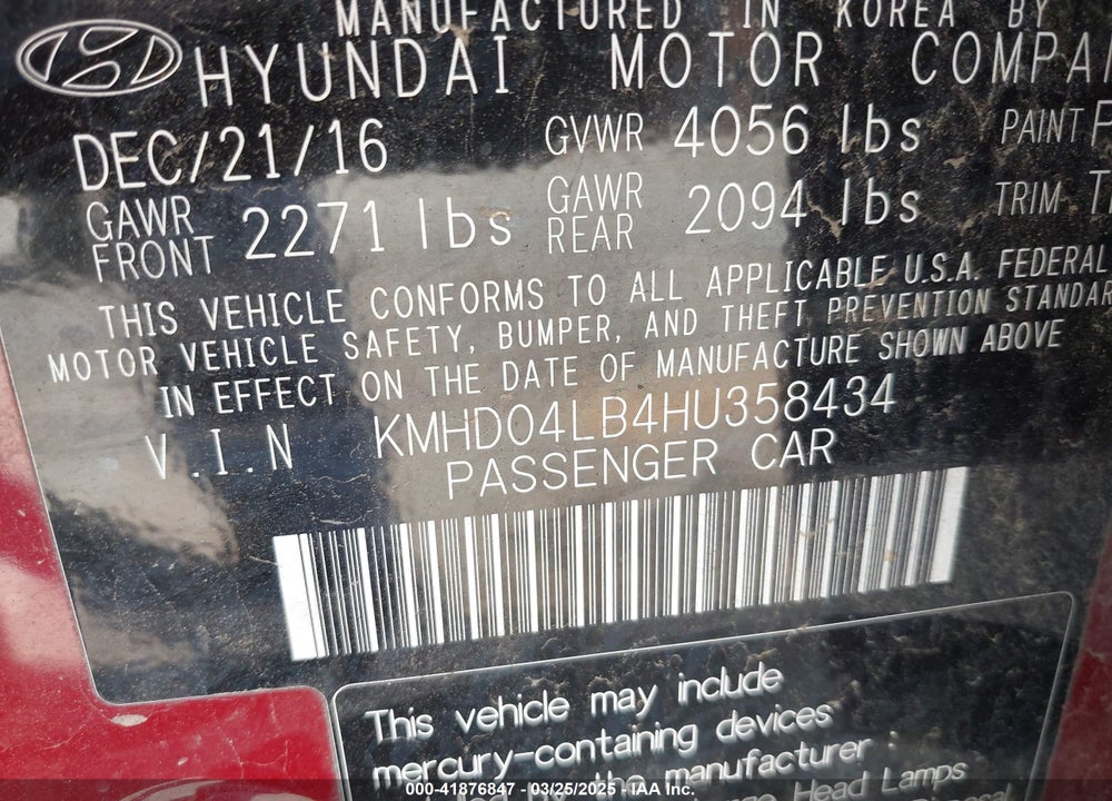 2017 HYUNDAI ELANTRA VIN: KMHD04LB4HU358434