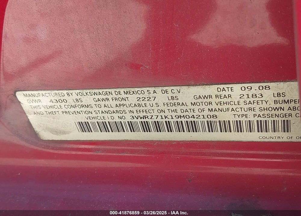 2009 VOLKSWAGEN JETTA VIN: 3VWRZ71K19M042108