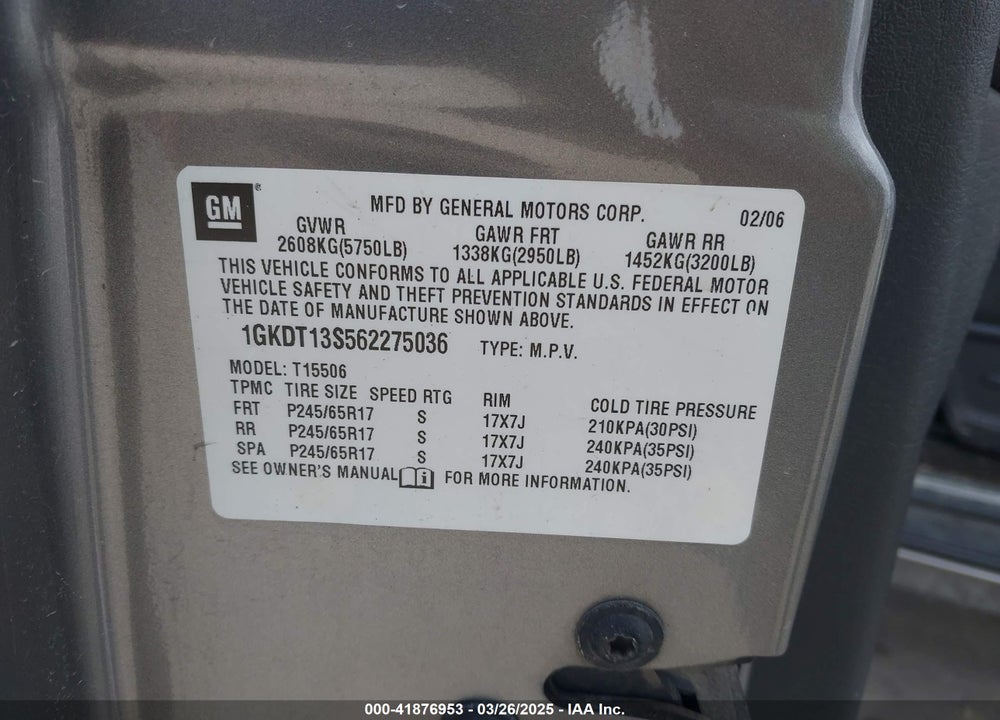 2006 GMC ENVOY VIN: 1GKDT13S562275036