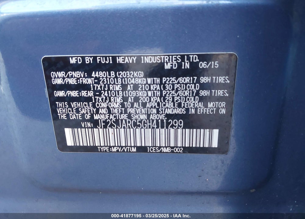 2016 SUBARU FORESTER 2.5I LIMITED VIN: JF2SJARC5GH411299