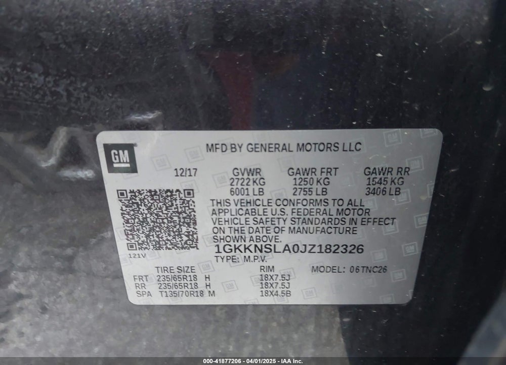 2018 GMC ACADIA SLE-2 VIN: 1GKKNSLA0JZ182326