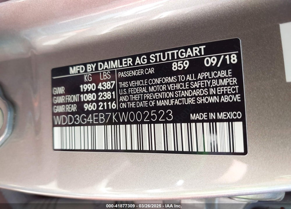 2019 MERCEDES-BENZ A-CLASS VIN: WDD3G4EB7KW002523