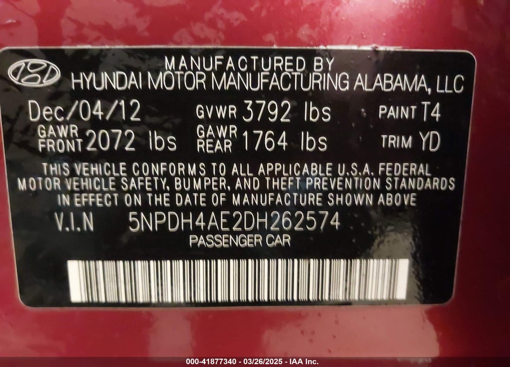 2013 HYUNDAI ELANTRA GLS VIN: 5NPDH4AE2DH262574
