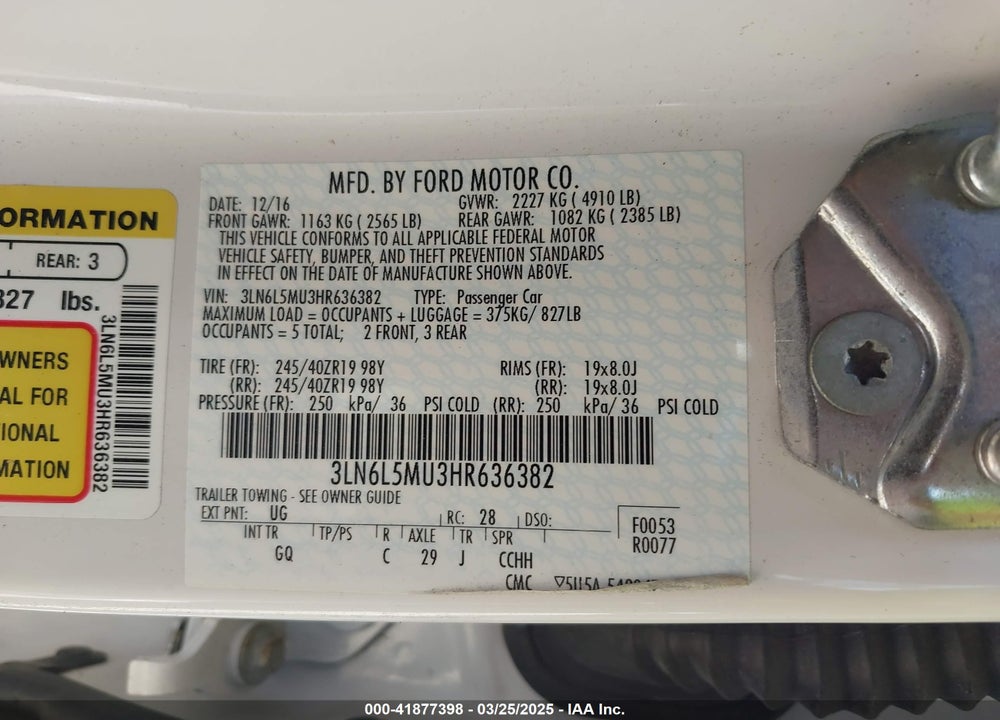 2017 LINCOLN MKZ HYBRID VIN: 3LN6L5MU3HR636382