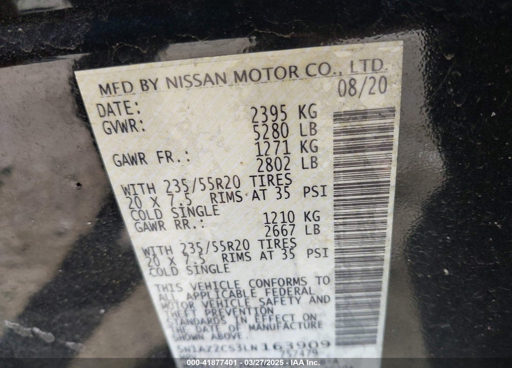 2020 NISSAN MURANO VIN: 5N1AZ2CS3LN163909