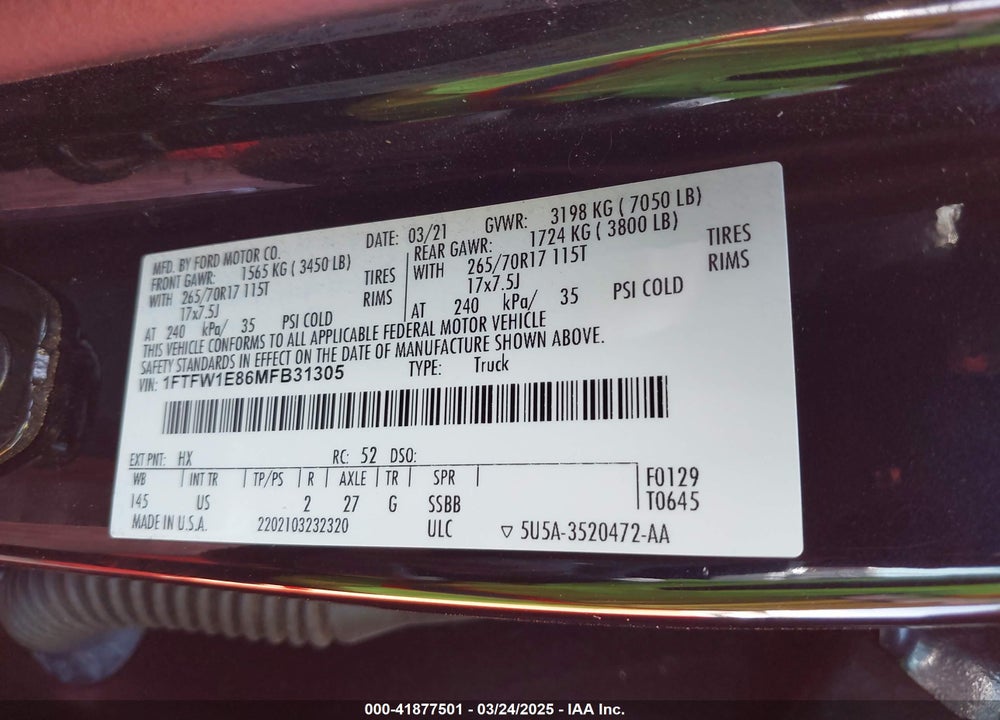 2021 FORD F-150 VIN: 1FTFW1E86MFB31305