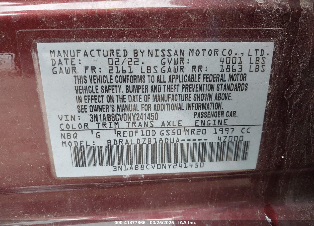 2022 NISSAN SENTRA VIN: 3N1AB8CV0NY241450