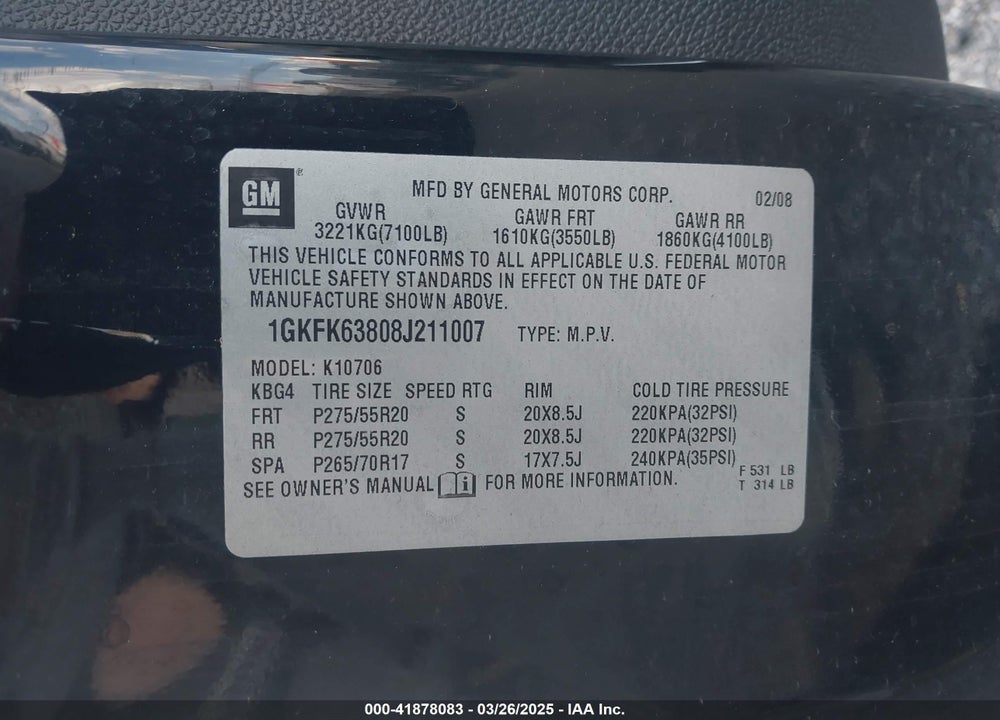 2008 GMC YUKON VIN: 1GKFK63808J211007