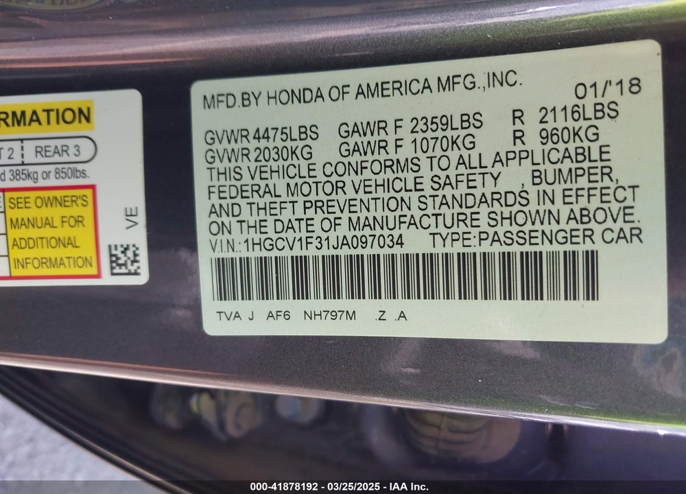 2018 HONDA ACCORD VIN: 1HGCV1F31JA097034