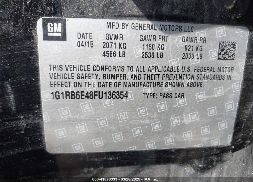 2015 CHEVROLET VOLT VIN: 1G1RB6E48FU136354