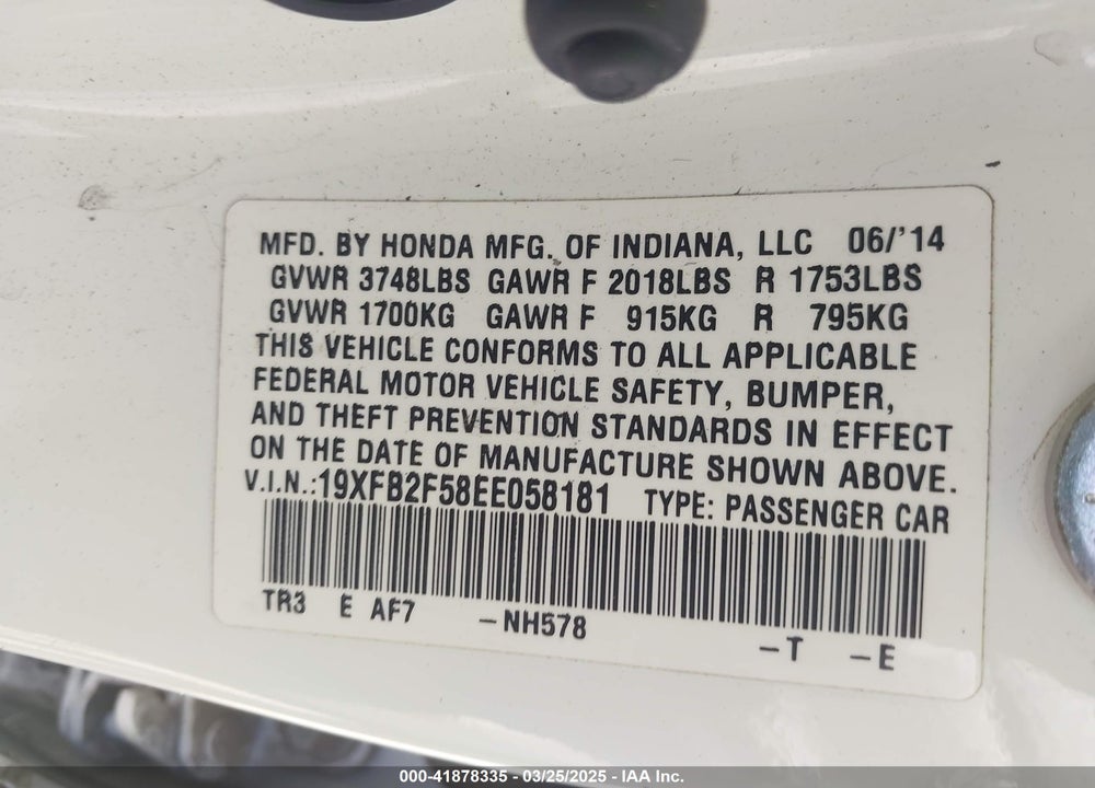 2014 HONDA CIVIC VIN: 19XFB2F58EE058181