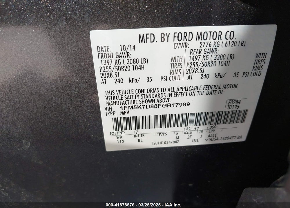 2015 FORD EXPLORER VIN: 1FM5K7D88FGB17989