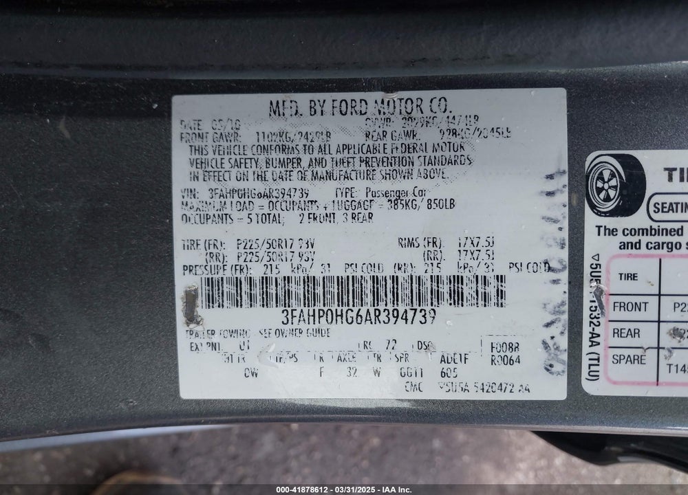 2010 FORD FUSION SE VIN: 3FAHP0HG6AR394739