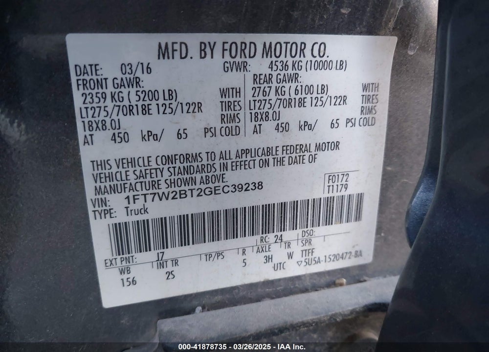 2016 FORD F-250 XLT VIN: 1FT7W2BT2GEC39238